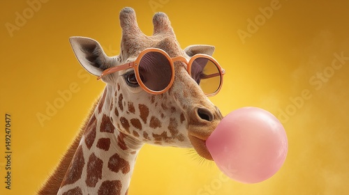 Giraffe with Sunglasses and Bubble Gum. A fun, whimsical portrayal of wildlife.