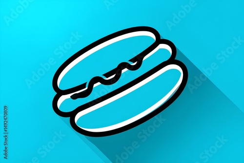 Colorful flat illustration of a delicious hot dog with wavy lines, set against a vibrant blue background, showcasing a fun and playful food design concept photo