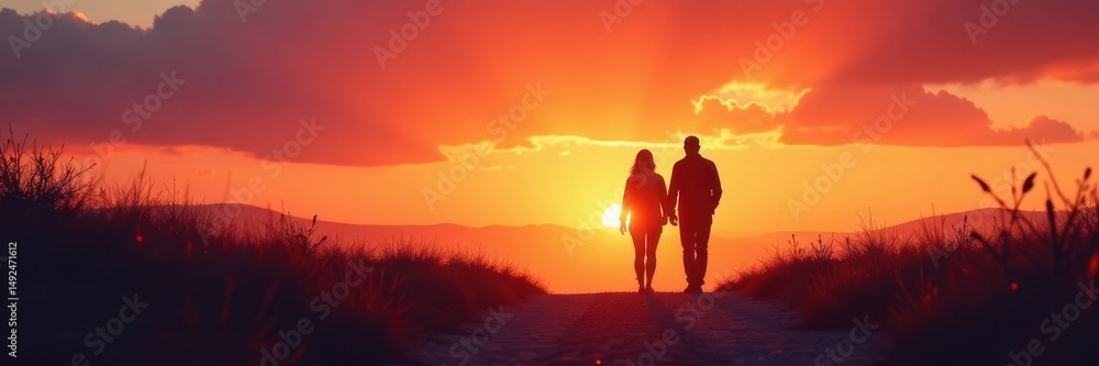 Fototapeta premium Silhouette of two figures walking sunset path, light, unity