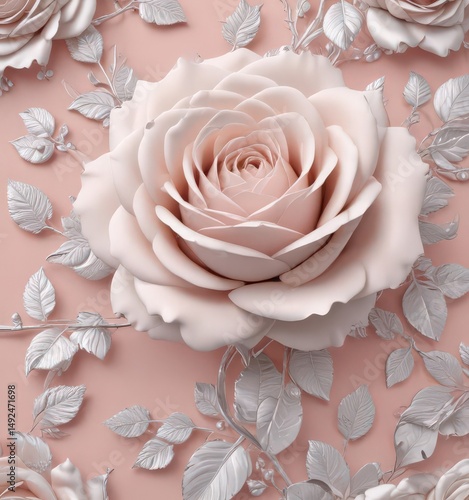 Exquisite silver & ivory rose pattern on blush pink  , silver, tapestry