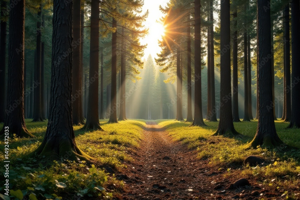 Fototapeta premium Sunlit Path Through Majestic Forest of Tall Trees with Soft Morning Light