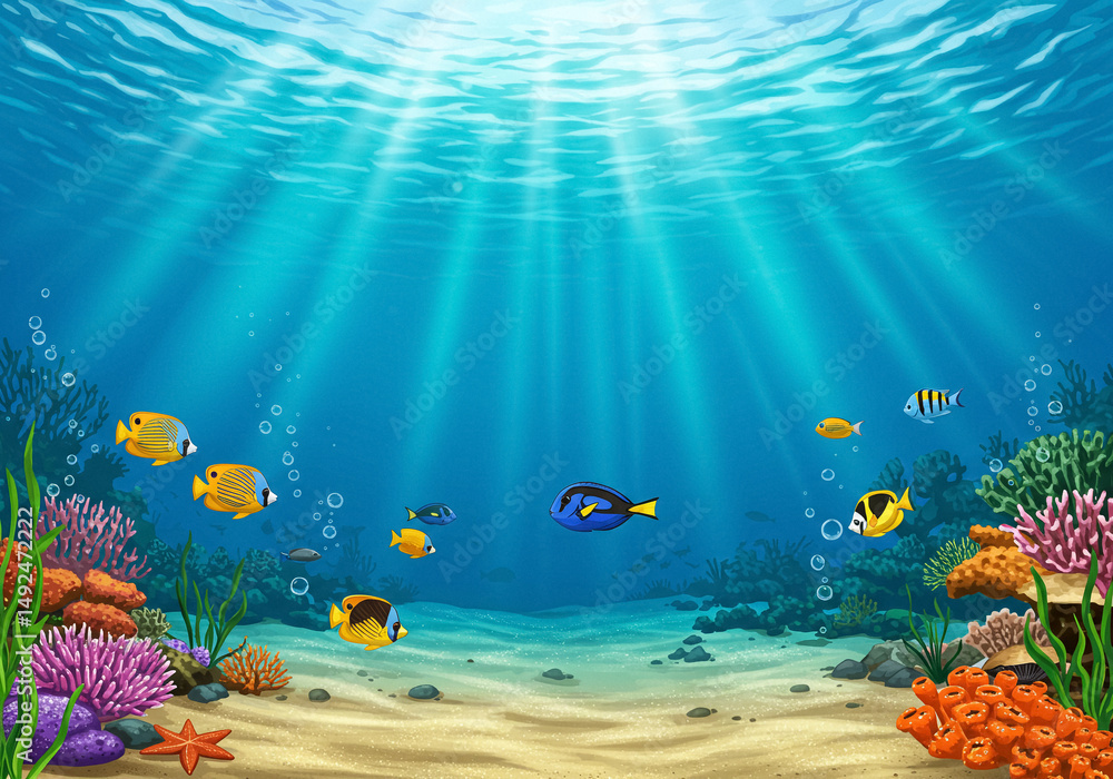 Naklejka premium Underwater Scene with Colorful Fish and Coral Reef, game background
