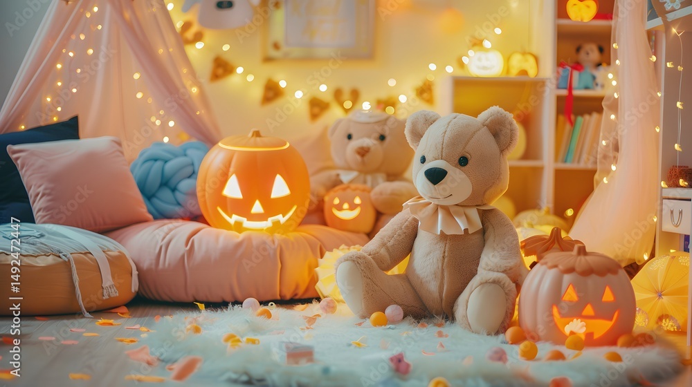 Adorable Halloween Room with Teddy Bears and Glowing Pumpkins
