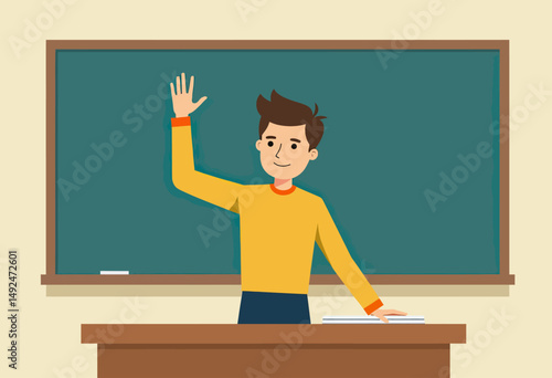 Modern flat illustration of a standing student with raised arm in classroom setting, faceless and gender-neutral, representing active learning, curiosity, and academic engagement
