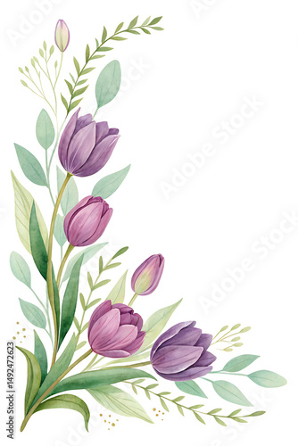 Watercolor purple tulips and greenery corner arrangement isolated on transparent background