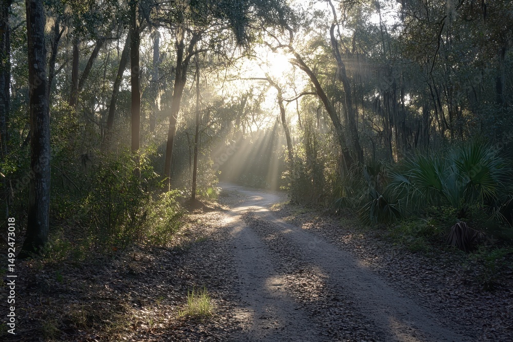 Obraz premium Morning Voyage: Serene Timberland Pathway with Sunlight Filtering Through Lush Trees