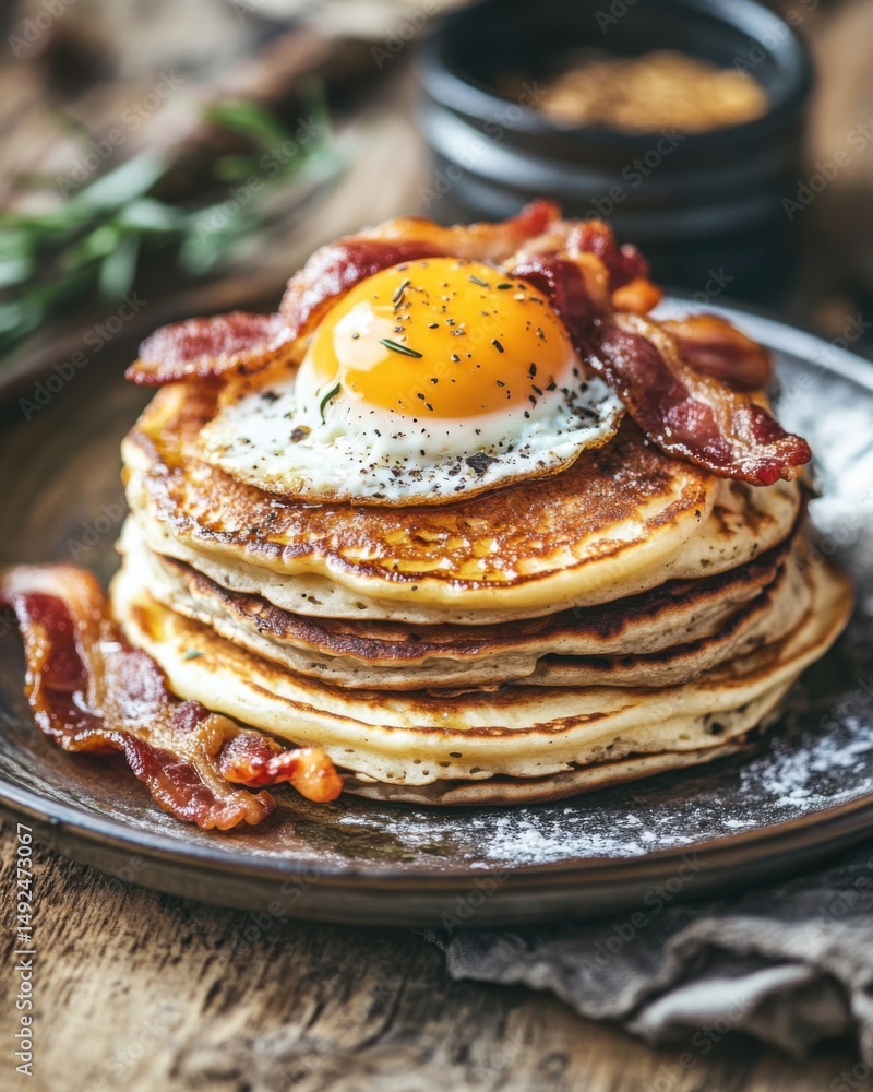 Stack of Pancakes Topped with Fried Egg and Bacon Strips on a Plate, Rustic Style, Close-Up Shot, Indoors Stack of Pancakes Topped with Fried Egg and Bacon Strips on a Plate, Rustic Style, Close-Up Shot, Indoors