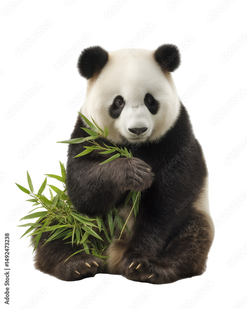 Fototapeta premium Panda Enjoying Bamboo: A captivating portrait of a giant panda, gracefully holding fresh bamboo shoots with a sense of contentedness.
