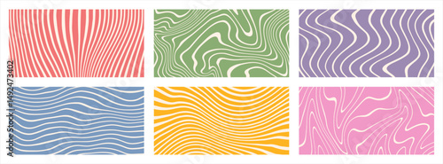 Distorted deformed lines vector striped backgrounds half page banners set. Fluid curved wiggling doodle uneven hand drawn wavy organic stripes waves. Funky ornaments groovy hippie patterns collection