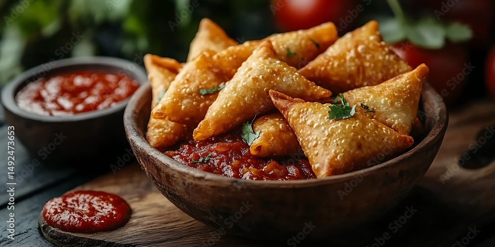 Delicious Crispy Samosas Served with Spicy Tomato Chutney in Wooden Bowl Delicious Crispy Samosas Served with Spicy Tomato Chutney in Wooden Bowl