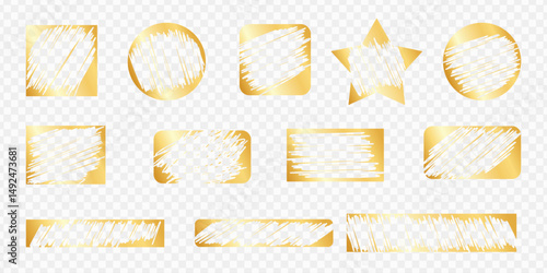 Scratch lottery card vector shapes on transparent background - gold foil grunge pencil hatching. Shiny metallic scribble stencil silhouettes set. Scratched distressed stamp textures realistic clipart.