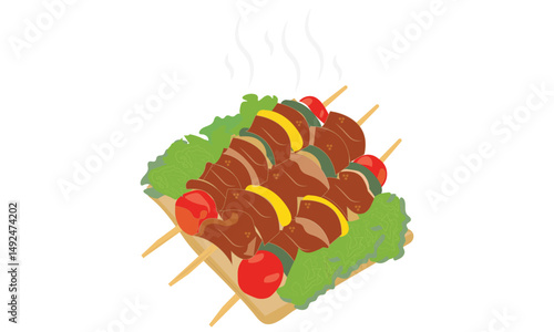 Barbecue Meat Shashlick, Grilled Skewers with Vegetables and Meat on a Bed of Lettuce on a wooden serving plate, BBQ Tandoori Meat Tikka