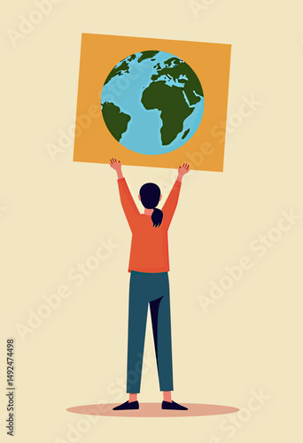 Flat minimalist vector of gender-neutral protester raising both hands with Earth sign, representing environmental activism, climate awareness, and peaceful demonstration in modern visual language
