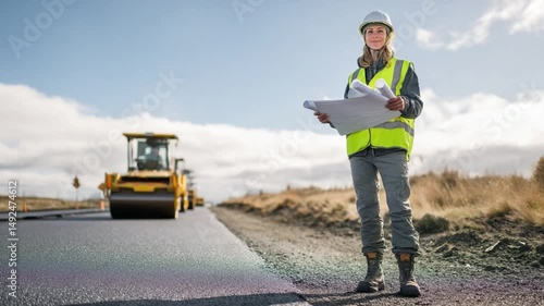 Wallpaper Mural Road Construction Supervisor: A female construction supervisor stands confidently on a newly paved road, holding blueprints. Torontodigital.ca