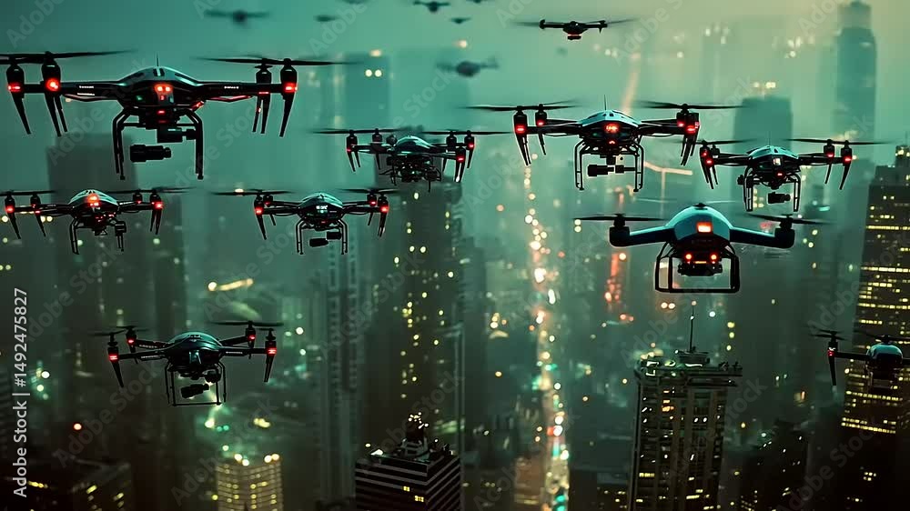 Drone Swarm Over Futuristic Cityscape at Night