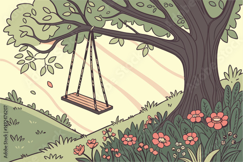 151 A wooden swing suspended from the branches of a large tree, surrounded by vibrant flowers and lush foliage. The sunlight filters through the leaves, creating a warm, inviting atmosphere. The scene
