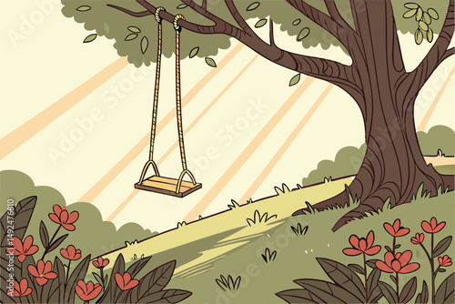 151 A wooden swing suspended from the branches of a large tree, surrounded by vibrant flowers and lush foliage. The sunlight filters through the leaves, creating a warm, inviting atmosphere. The scene