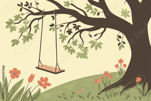 151 A wooden swing suspended from the branches of a large tree, surrounded by vibrant flowers and lush foliage. The sunlight filters through the leaves, creating a warm, inviting atmosphere. The scene