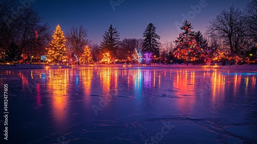 reflections of holiday lights on a frozen lake with trees in the background, Generative AI