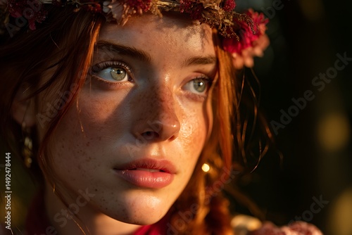 Golden Hour Portrait: Redhead Woman with Flower Crown