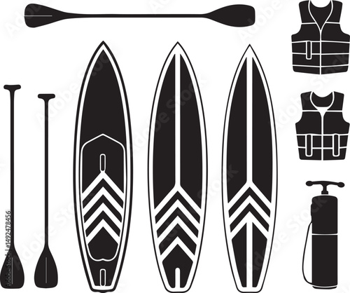 Stand Up Paddle Board Set with Accessories, SUP Equipment Vector Icons Collection