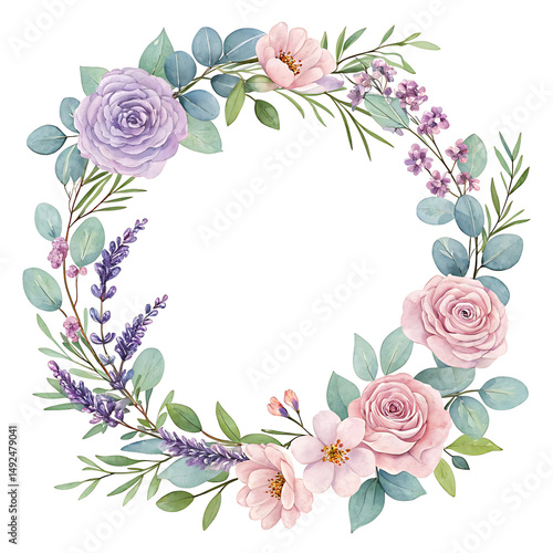 Watercolor floral wreath with roses lavender and eucalyptus isolated on transparent background