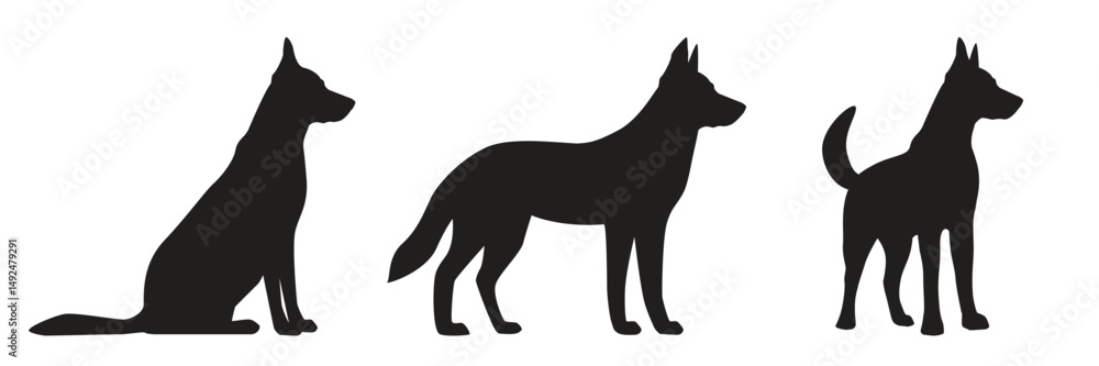 Dog full length black silhouette in various poses. Vector illustration isolated on white background Dog full length black silhouette in various poses. Vector illustration isolated on white background