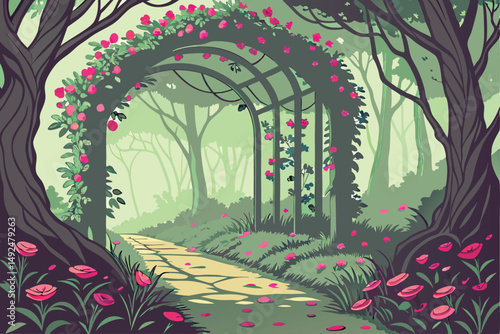 152 magical enchanted forest, lush and vibrant, rose arch walkway, petals falling, mystical atmosphere, fantasy landscape, ultra detailed, intricate, 8k, highly detailed, cinematic