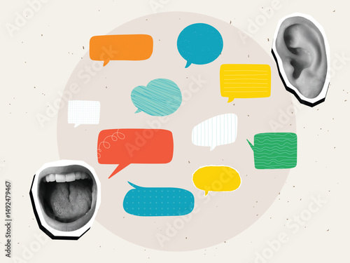 Black and white opened mouth, few colorful speech bubbles and ear - communication concept. Modern photo collage style. Vector illustration