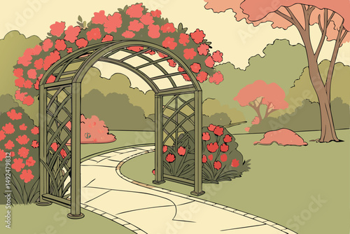 153 detailed flower archway entrance, lush garden landscape, blooming azalea flowers, ornate iron pergola, paved stone walkway, red and pink floral display, autumn foliage trees, serene outdoor scener