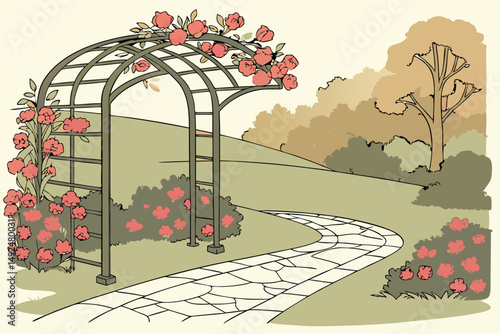 153 detailed flower archway entrance, lush garden landscape, blooming azalea flowers, ornate iron pergola, paved stone walkway, red and pink floral display, autumn foliage trees, serene outdoor scener