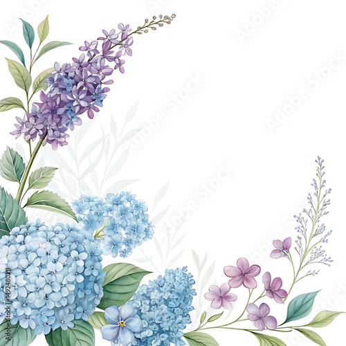 Watercolor floral corner design with hydrangeas and lilacs isolated on transparent background