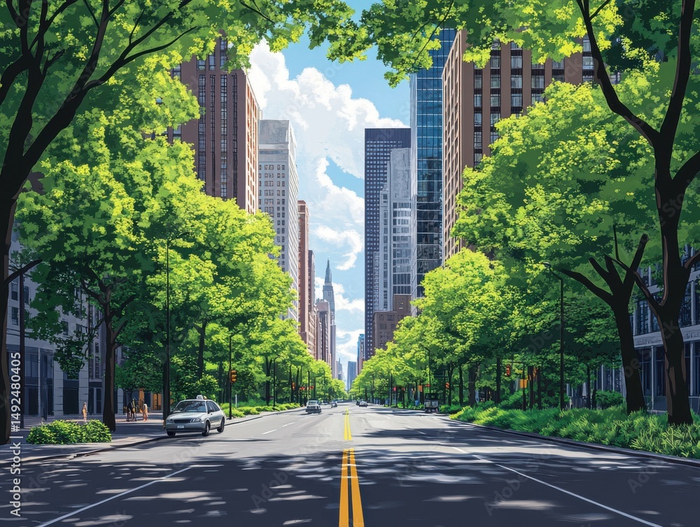 Obraz premium Lush Green City Street Under Partly Sunny Sky