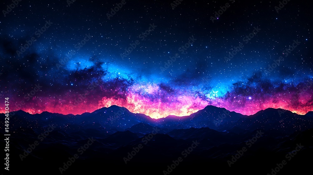 Naklejka premium Stunning cosmic event over majestic mountains night sky landscape vibrant colors peaceful environment 