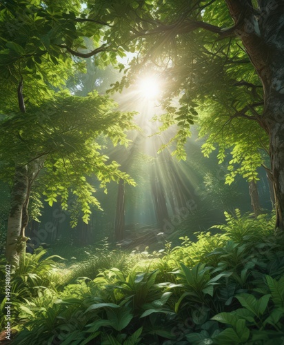 Lush green leaves, vibrant sunlight dappling through foliage,  organic,  sunlight,  vibrant