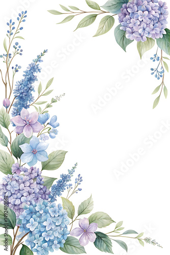 Elegant watercolor floral corner border with hydrangeas and lavender isolated on transparent background