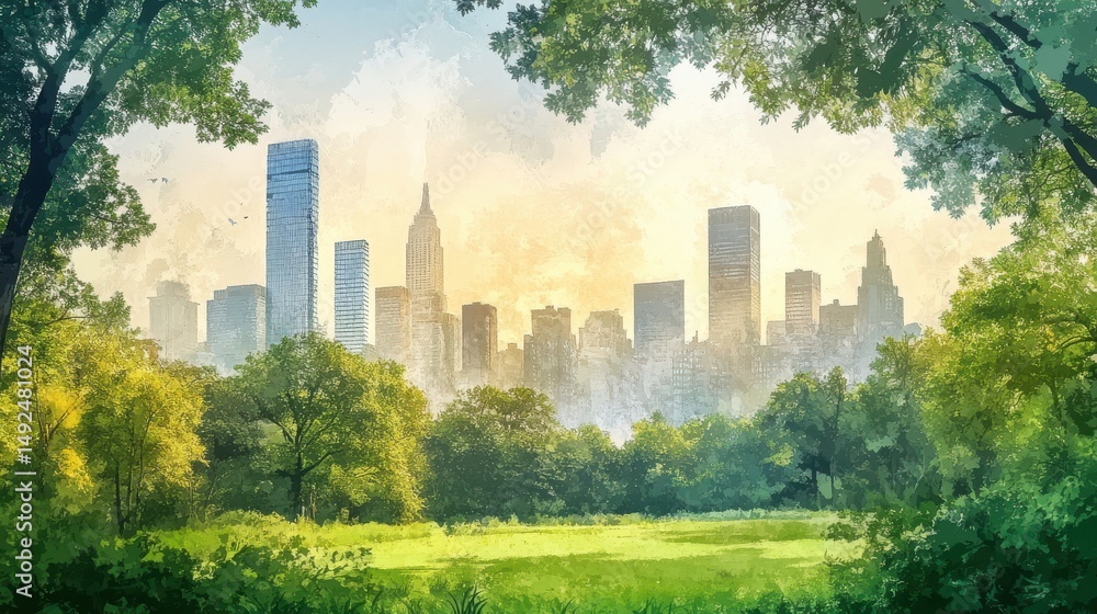 Fototapeta premium Lush Green Park Cityscape at Sunrise. Pixel Art Style