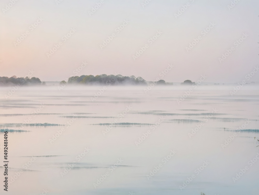 Obraz premium Serene Foggy Riverbank with Soft Pastel Tones