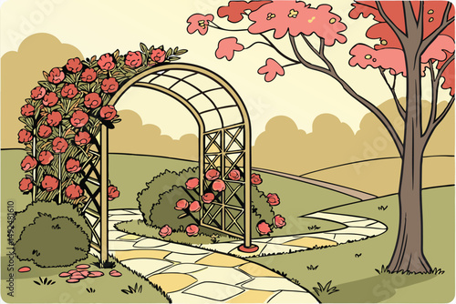 153 detailed flower archway entrance, lush garden landscape, blooming azalea flowers, ornate iron pergola, paved stone walkway, red and pink floral display, autumn foliage trees, serene outdoor scener