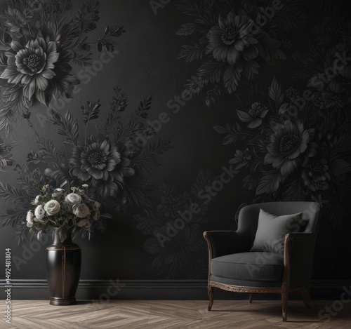 Luxurious black charcoal floral wallpaper, stylish interior design, intricate details , fabric, floral, room