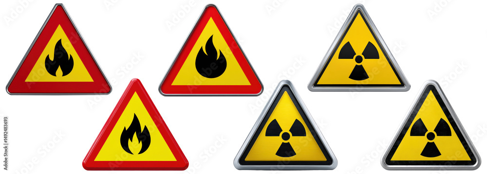 Set of flammable and radioactive hazard warning signs, isolated on transparent background Set of flammable and radioactive hazard warning signs, isolated on transparent background