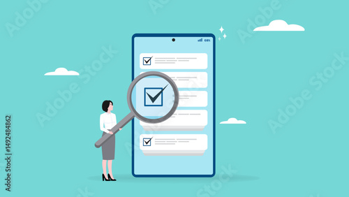 check the business target plan illustration, business target achievement, year target check list business review plan, businesswoman checks business target plan with magnifying glass vector