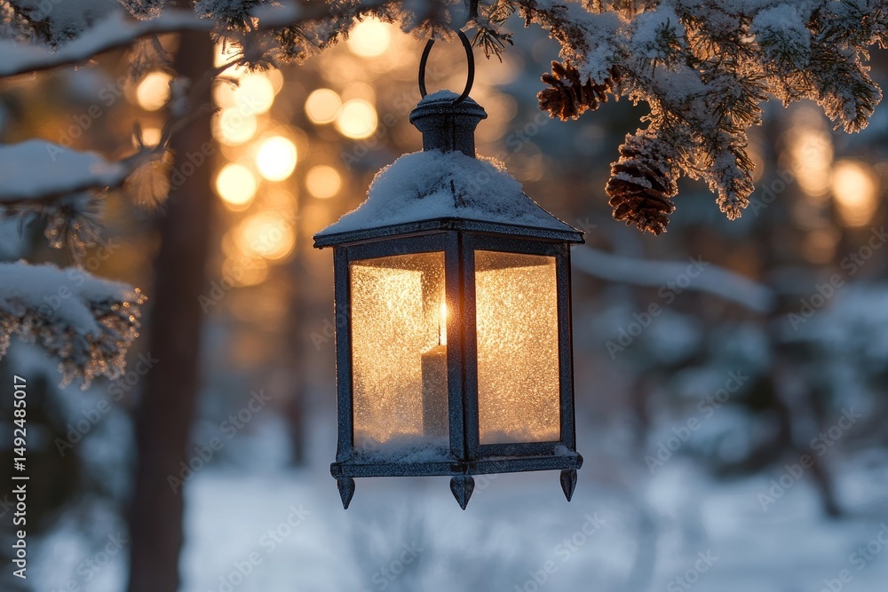 frosted glass lantern hanging from a tree branch in a snowy forest clearing, Generative AI frosted glass lantern hanging from a tree branch in a snowy forest clearing, Generative AI