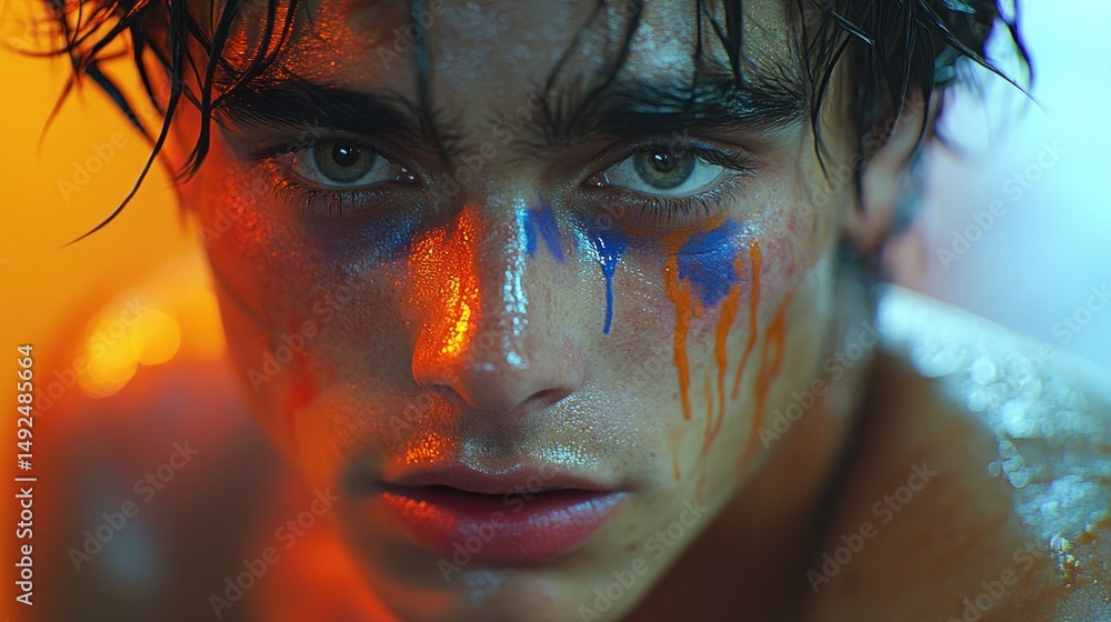 Close-up portrait of a young man with vibrant face paint Close-up portrait of a young man with vibrant face paint