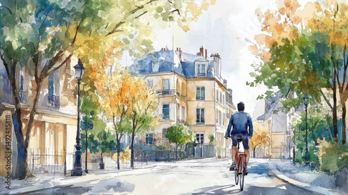 Wallpaper Mural Man Cycling on Autumnal City Street Watercolor Painting Torontodigital.ca