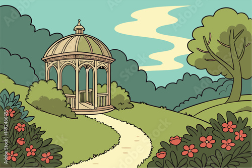 155 lush garden path,ornate gazebo,vibrant colorful flowers,blue sky with fluffy clouds,green lush foliage,winding pathway,detailed landscape,fantasy garden,whimsical atmosphere,beautiful tranquil sce