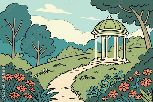 155 lush garden path,ornate gazebo,vibrant colorful flowers,blue sky with fluffy clouds,green lush foliage,winding pathway,detailed landscape,fantasy garden,whimsical atmosphere,beautiful tranquil sce