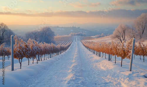 Wallpaper Mural peaceful snow-covered vineyard with rows of frosted grapevines stretching into the distance, Generative AI Torontodigital.ca