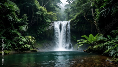 Majestic waterfall cascading through lush rainforest greens