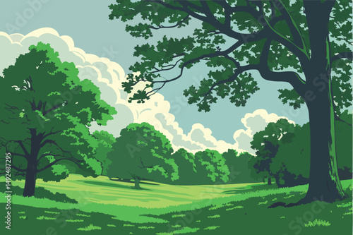 156 lush green landscape, vibrant foliage, scenic park with trees, vast grassy field, idyllic outdoor setting, serene and tranquil environment, beautiful blue sky with fluffy clouds, serene and peacef